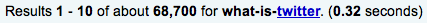 Google: 'Results 1 - 10 of about 68,700 for what-is-twitter.'